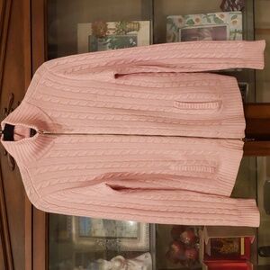 Ralph Lauren pink cable knot zip up sweater with rhinestone cap